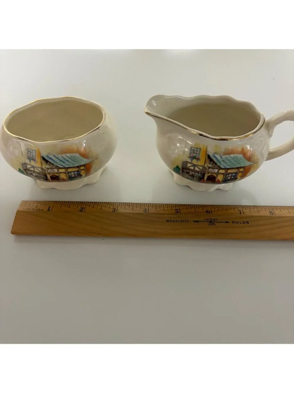 Lancaster Sandland Creamer & Sugar Bowl Set English Ware Cottage Gold Trim VTG